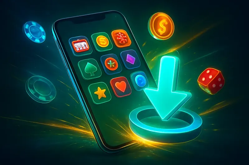 Premium Casino App Glossy smartphone casino app banner with neon download effects and game tiles