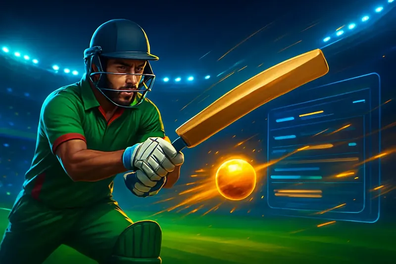 Cricket Sportsbook Action Cricket batter striking ball under stadium lights for sportsbook campaign banner