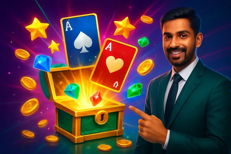 Reward Chest Burst Glowing reward chest with cards, coins, gems, and stars bursting out