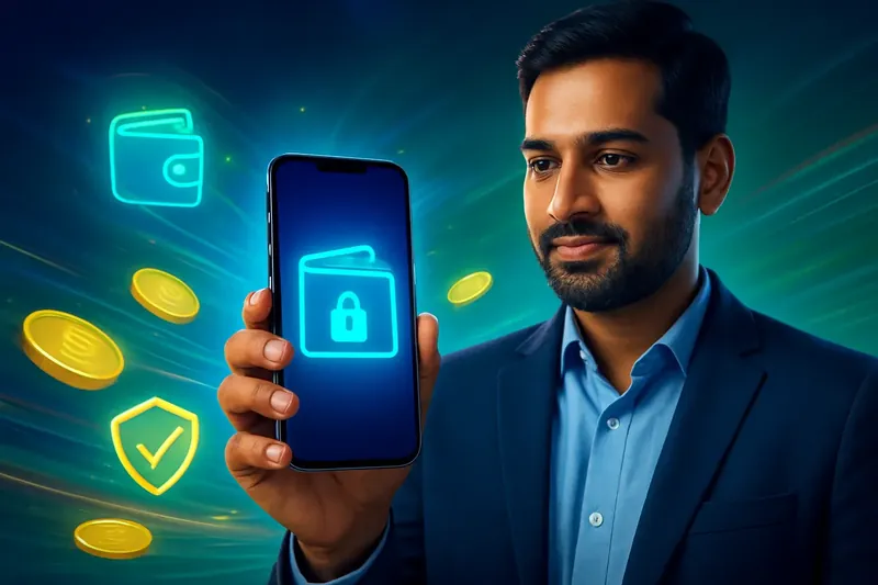 Hand holding smartphone with secure mobile wallet, coins, and speed light trails
