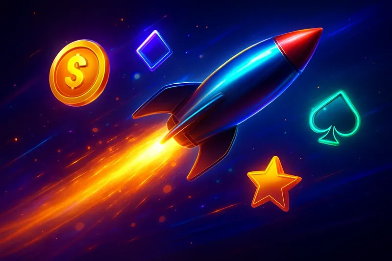Rocket Speed Launch Glossy 3D rocket launch banner with neon casino speed effects