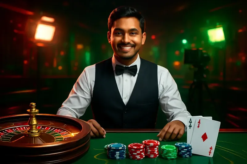 Live Dealer Banner Friendly professional live dealer with roulette, cards, chips, and studio lights