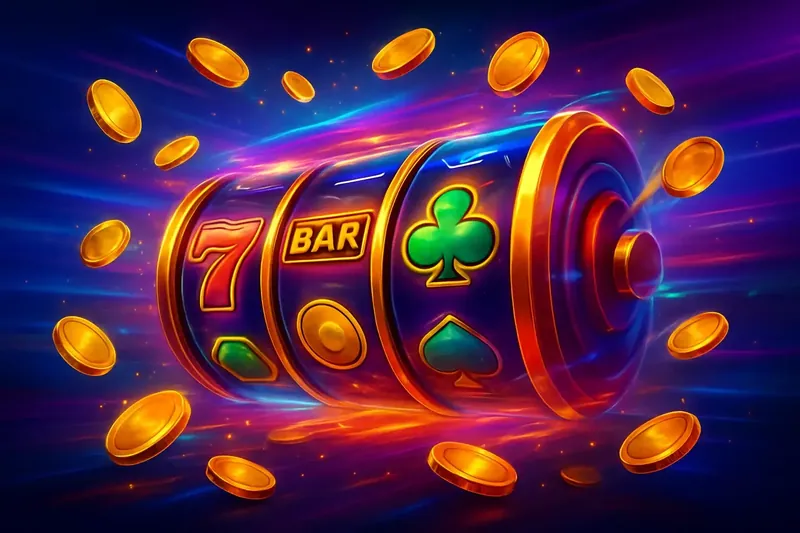 Explosive Slot Banner Colorful spinning slot machine with coins, sparkles, and neon casino glow